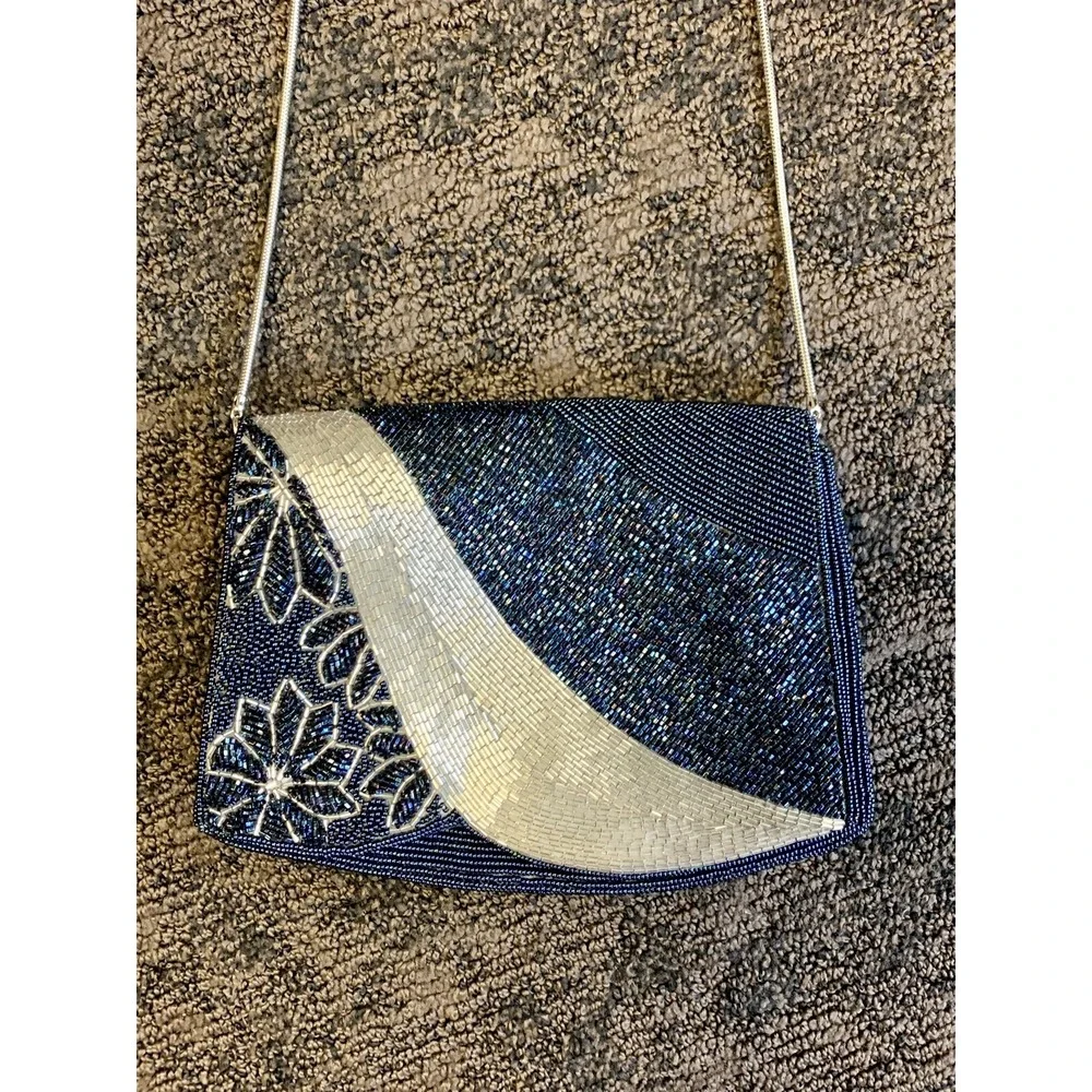 1950s Delill Silver Glass Beaded Frame Bag Vintage Designer Evening Purse Clutch